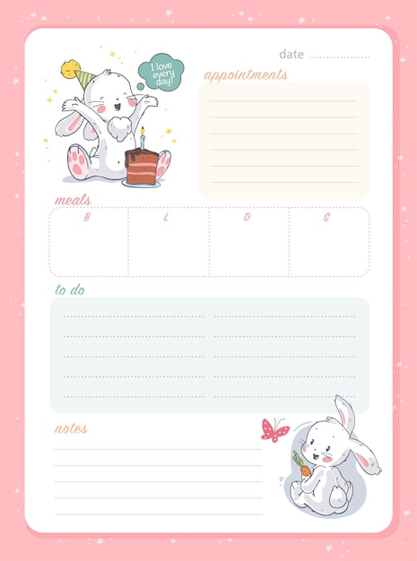 Vector vector daily planner page design template, calendar for children. cute hand drawn little bunny character. to do list flat lay, pastel colors, hand drawn style. time management equipment.