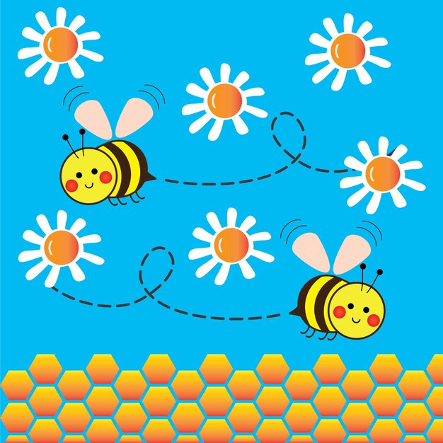 かわいい蜂の漫画と白い背景ベクトル イラスト プレミアム デザイン ベクトル eps10 に分離された心を持つベクトル デイジーの花