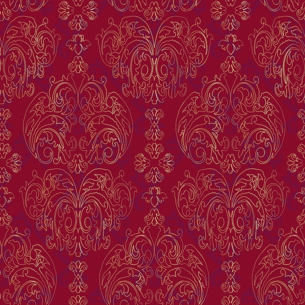 Vector damask vintage baroque ornament retro pattern antique style seamless luxury red and golden