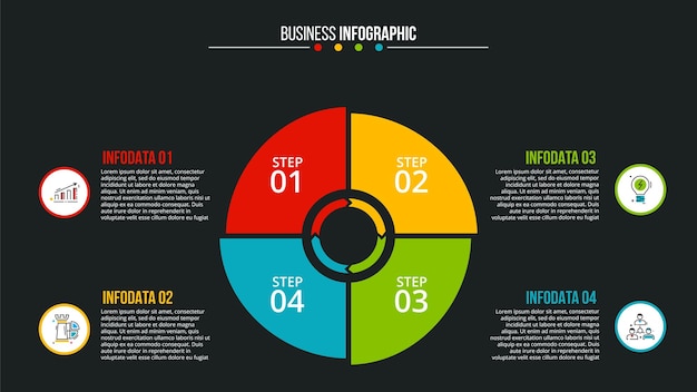 Cerchio piatto scuro vettoriale con frecce per infografica con 4 passaggi o processi di parti di opzioni