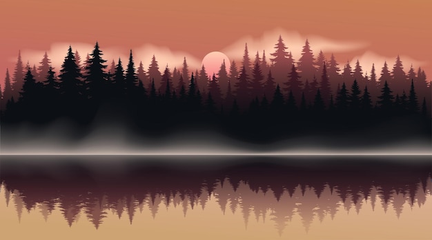 Vector dark forest background landscape, silhouette of coniferous forest, sunset on lake.