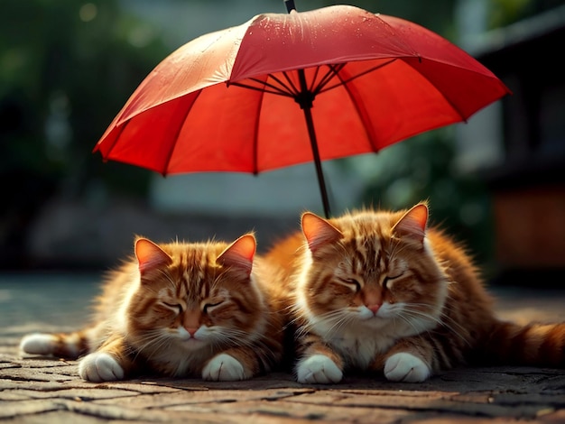 Vector de kat die onder de rode paraplu slaapt de katten zien er gelukkig en ontspannen uit geïsoleerd