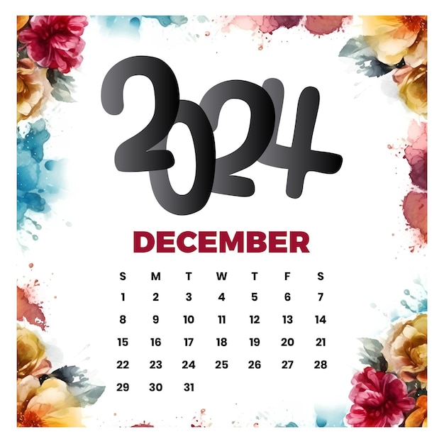 Vector vector december floral calendar 2024