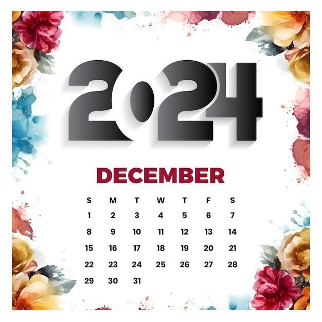 Vector vector december floral calendar 2024