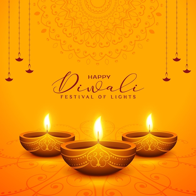 Vector vector decoratieve happy diwali festival gele achtergrond met decoratieve olie lamp diya