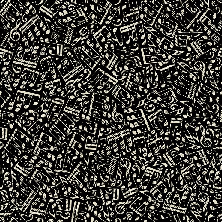 Vector vector decorative contrast seamless pattern, white striped musical notes and treble clefs on black background.