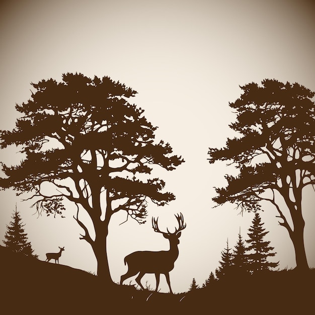 Vector deer hand drawing landscape vintage