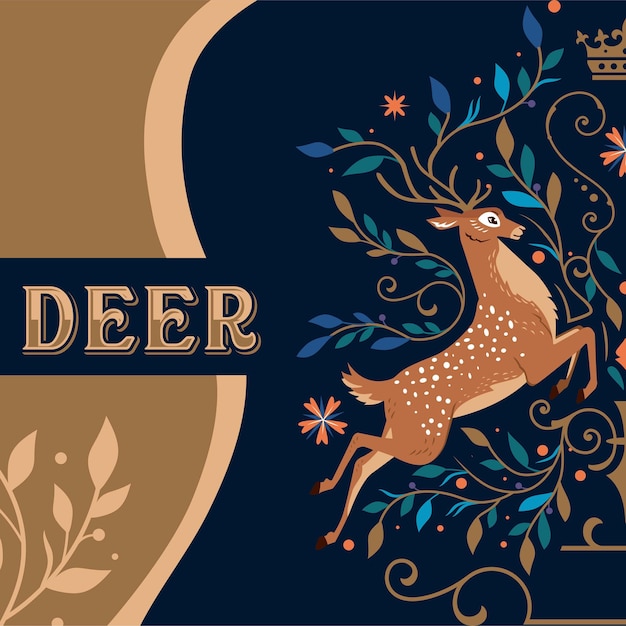 Vector deer is decorated with plants and leaves around it beautiful ornaments and leaves
