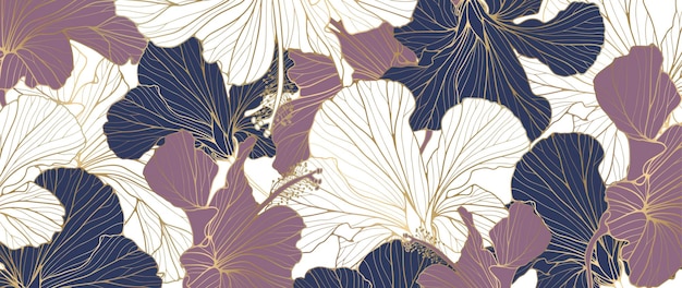 Vector vector delicate florale achtergrond met bloemen in blauwe paarse en witte kleuren en gouden omtrek