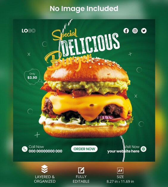 Vector delicious burger and food menu social media banner template