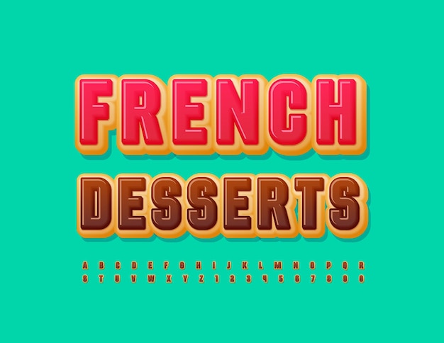 ベクトルおいしいサイン フランスのデザート。チョコレート艶をかけられたフォント。甘いアルファベット文字と数字セット
