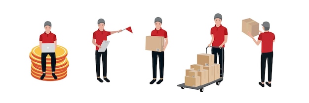 Vector delivery man wearing a red shirt carrying a parcel box