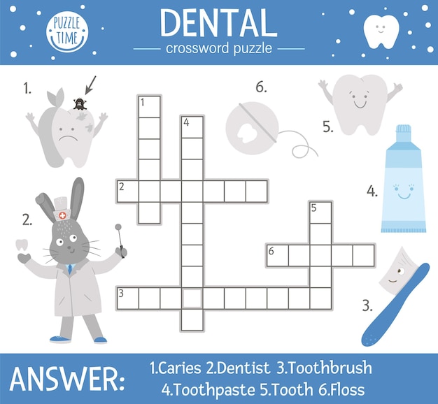 Vector dental care crossword puzzle. mouth hygiene quiz for children. educational medical activity with cute dentist, tooth, toothbrush, toothpaste, floss, apple