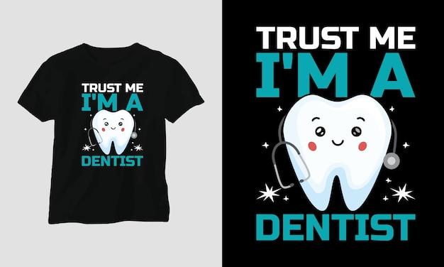 Vettore vector dentista carino t-shirt o poster design con dente di cartone animato, elementi dentali, ecc.