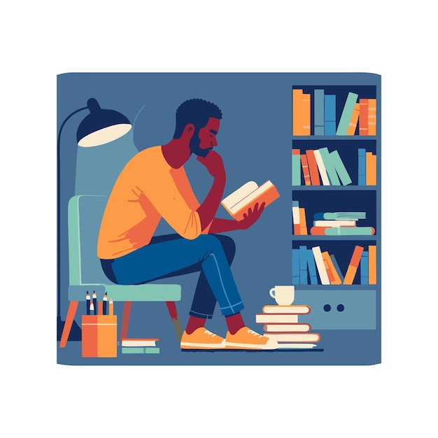 Vector vector design of a brownskinned introvert reading a book at night