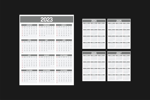 vector design calender 2023, 2024, 2024, 2026, 2027 template