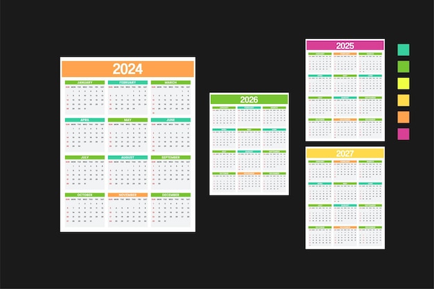 ベクター デザイン カレンダー 2024、2024、2026、2027 テンプレート