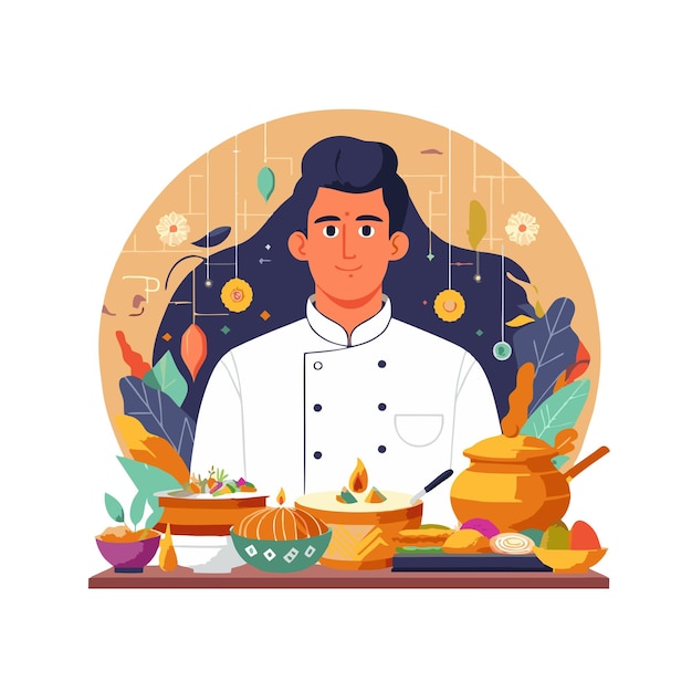 vector design of a chef cooking to welcome dhiwali day