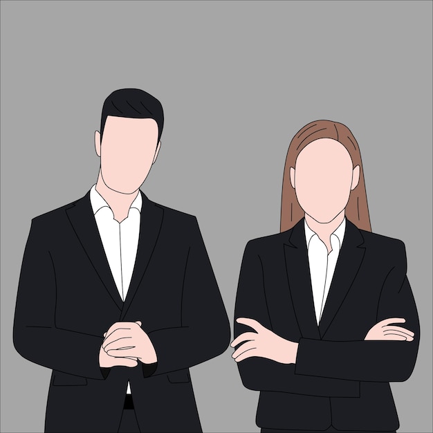 Vector design of confident young businessman and businesswoman in suit standing with arms folded