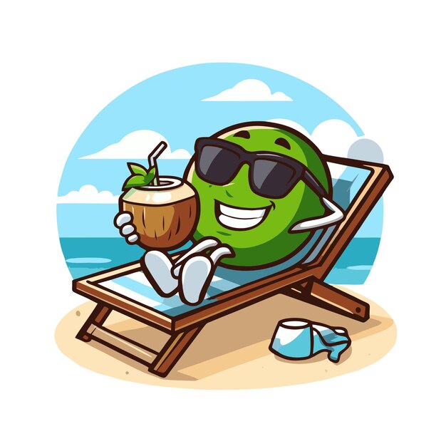 Векторный дизайн плоского персонажа кокосового ореха, пьющего кокосовую воду и наслаждающегося отдыхом на пляже