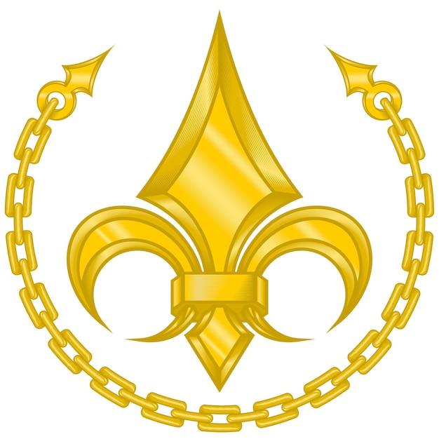 Vector design of fleur de lis in metallic style surrounded by a goldcolored chain