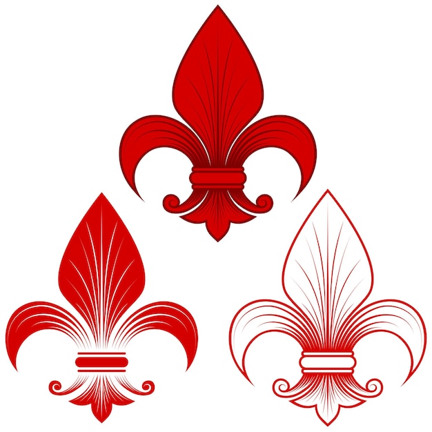 Vector design of fleur de lis in three graphic styles in red