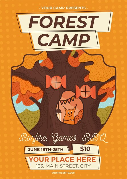 Vector design of forest camp poster with illustration of tree and squirrel