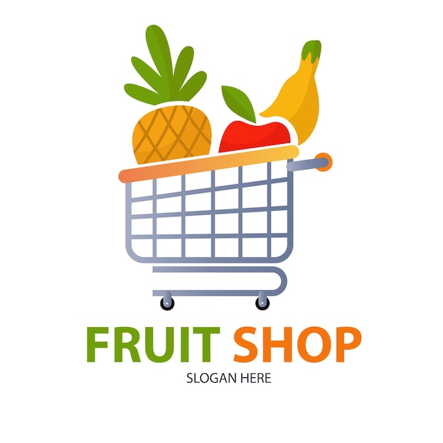 Illustrazione di progettazione vettoriale di un carrello della spesa che acquista frutta fresca logo di un negozio di frutta