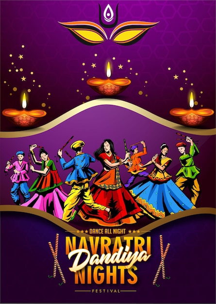 Navratri Dussehra의 디스코 포스터에서 Dandiya Night에서 Garba를 연주하는 인도 커플의 벡터 디자인