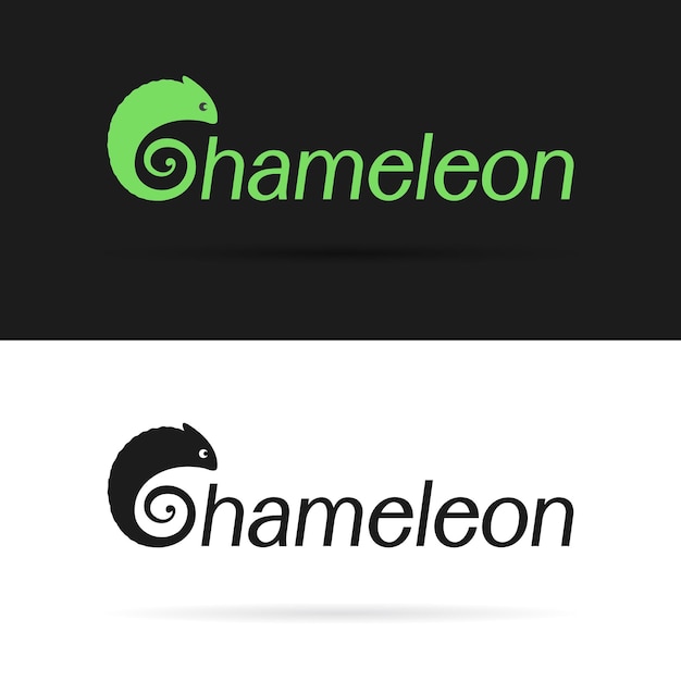 Vector design kameleon is tekst op een witte achtergrond en een zwarte achtergrond. label, logo, benners