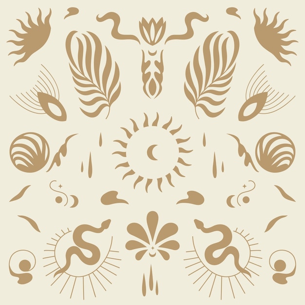 Vector design lineaire pictogrammen en emblemen - mysterie boho-stijl. naadloze patroon.