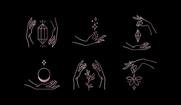 Векторный дизайн линейные руки шаблон логотипы или эмблемы - руки в различных жестах.