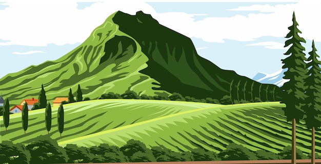 Vector vector design of natural scenery in beautiful countryside with plantation fields mountains