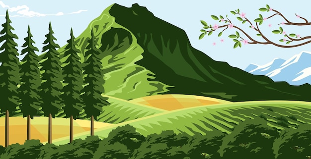 vector design of natural scenery in beautiful countryside with plantation fields mountains