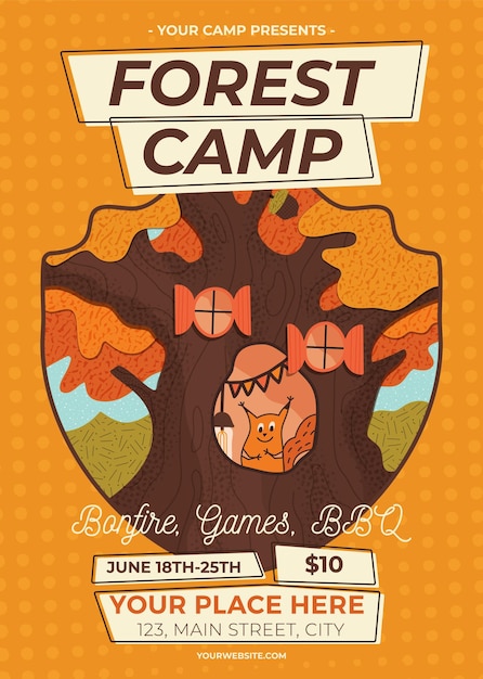 木とリスのイラストと森のキャンプポスターのベクトルデザイン