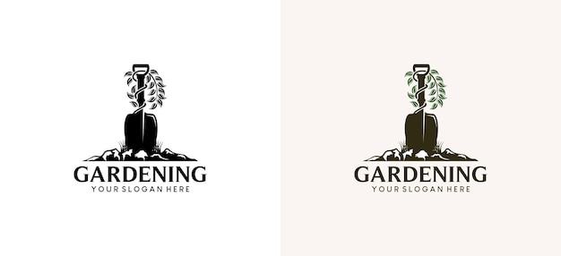 Вектор Векторный дизайн садовых инструментов и растений садовый логотип садовая лопата, застрявшая в земле