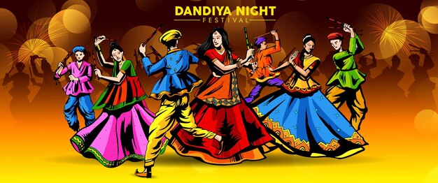 인도의 Dandiya Night Navratri Dussehra 축제에서 Garba를 연주하는 인도 커플의 벡터 디자인