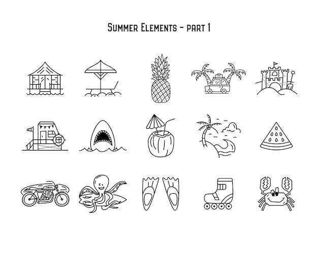 白い孤立した背景の上のさまざまな夏の要素のシンプルな線形セットのベクトルデザイン