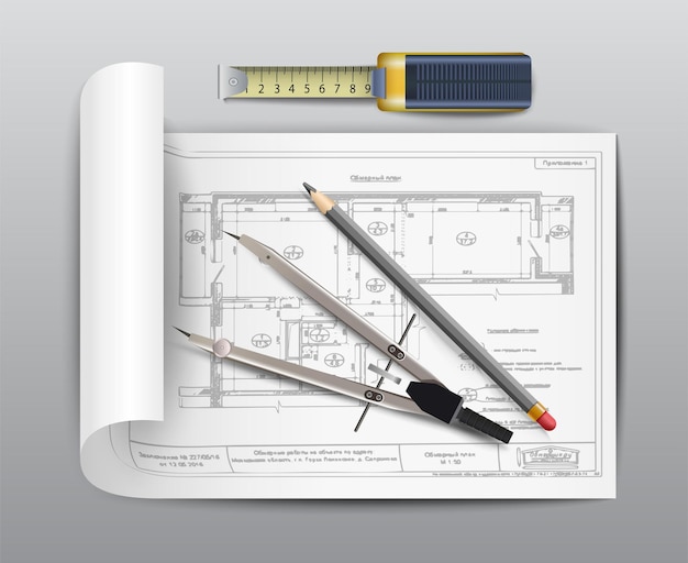 Vector design project icoon met papierrol meetinstrument potlood en liniaal