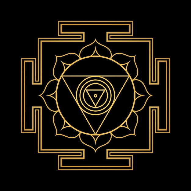 Векторный дизайн блестящее золото аспект Чхиннамаста Янтра даса Махавидья сакральная геометрия божественная мандала иллюстрация бхупура лепестки лотоса изолированный черный фон