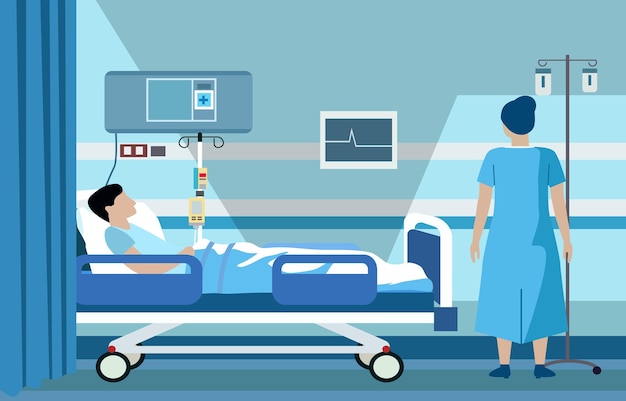 vector design of sick patient with female nurse in hospital inpatient room