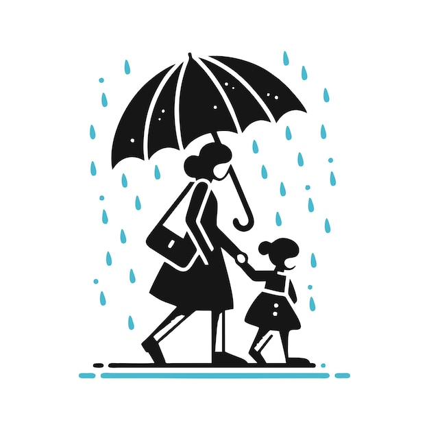 vector design of the silhouette of a child and mother walking under the rain