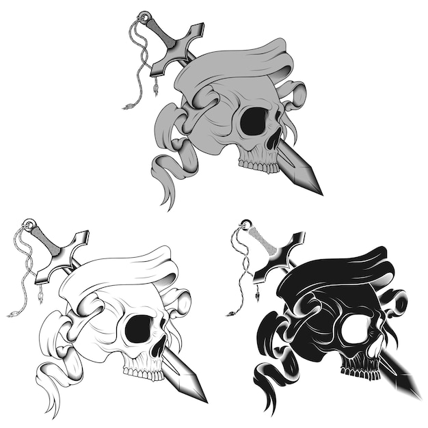 Vector design of skull with sword and ribbon grayscale