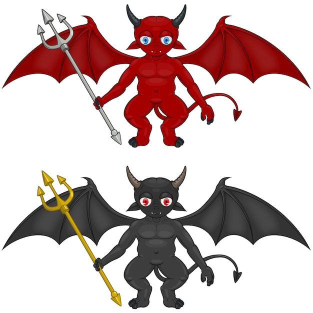 Vector vector design two little devils with different colors with tridents and demon wings