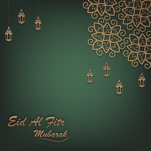 vector design with a square composition of Eid alFitr greetings with a green and gold color theme