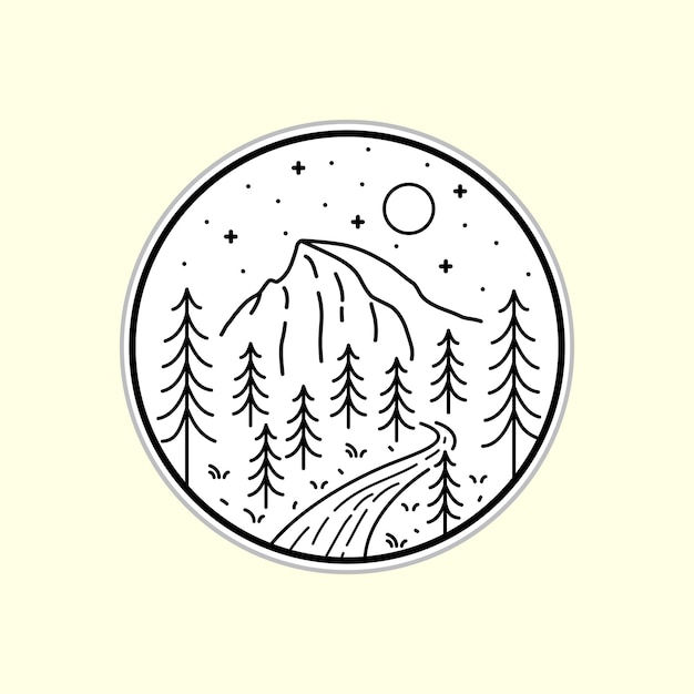 Vector design of yosemite national park in mono line style art for badges, emblems, patches, t-shirts, etc.