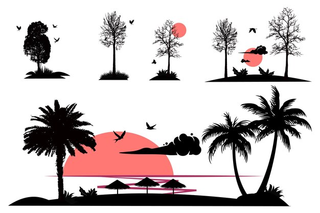 Vector vector designs for summer holiday tropic sunset palm trees and tropical trees