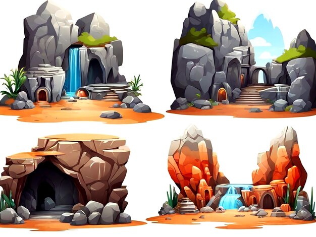 Vector Different designs of cave and rocks isolated