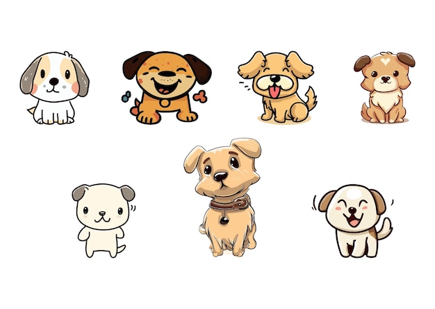 白い背景の犬のパッケージに分離された漫画のスタイルでベクトル異なる面白い犬