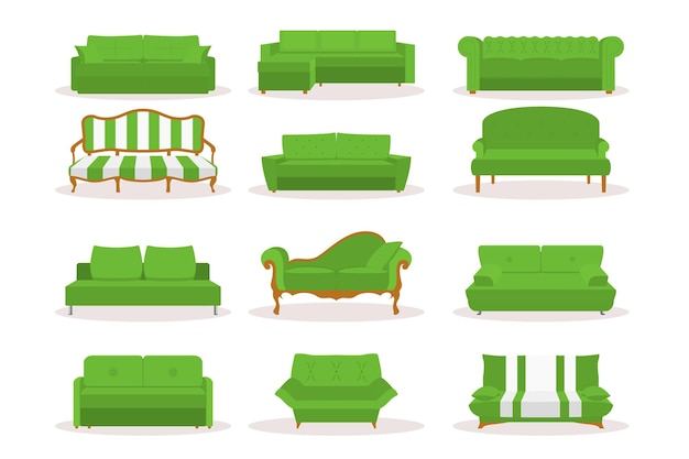 Vector different green leather luxury office sofa couch icon set in flat style isolated on white bsckground simple modern retro classic vintage style templates for interior design living room